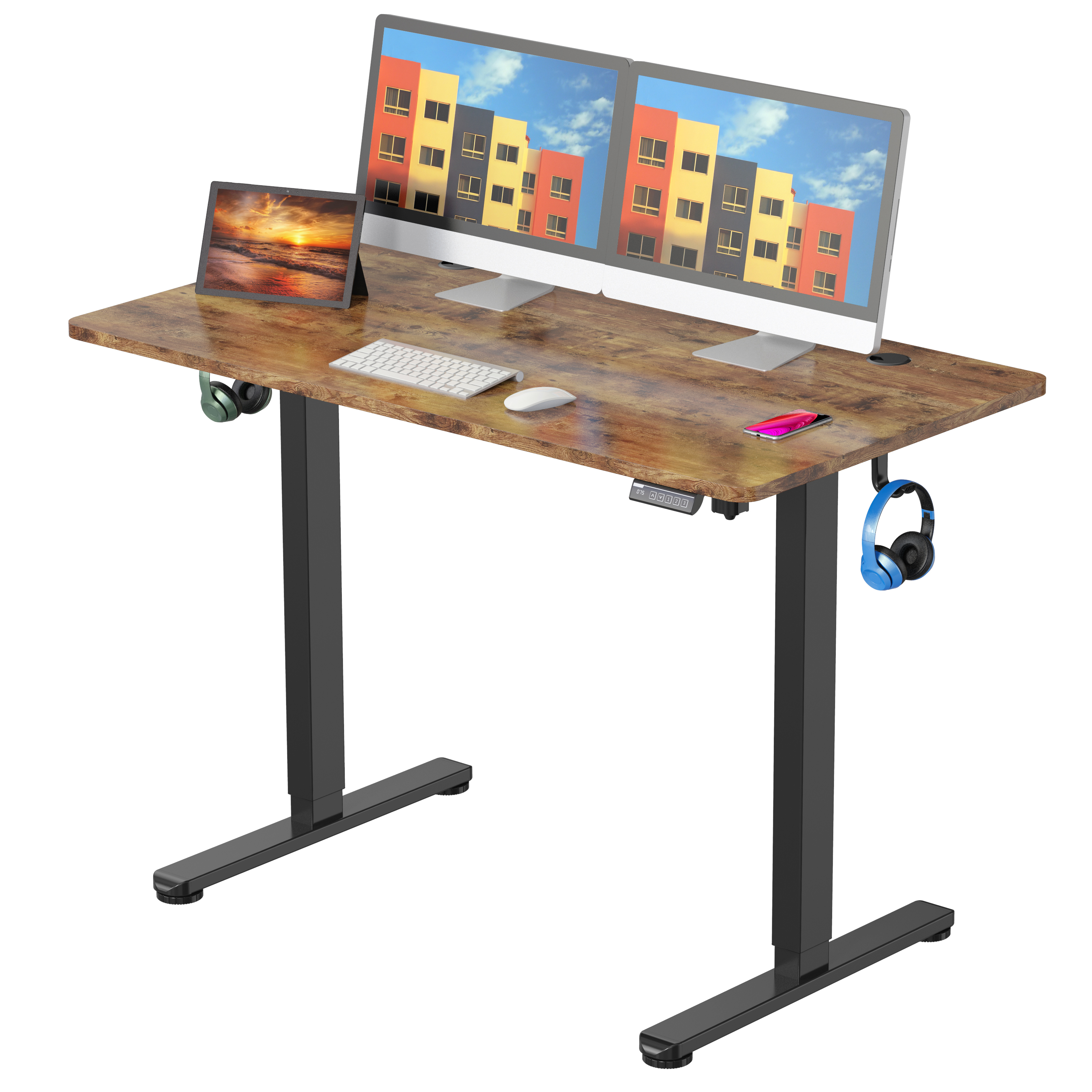 Rust brown with black frame electric adjustable standing desk